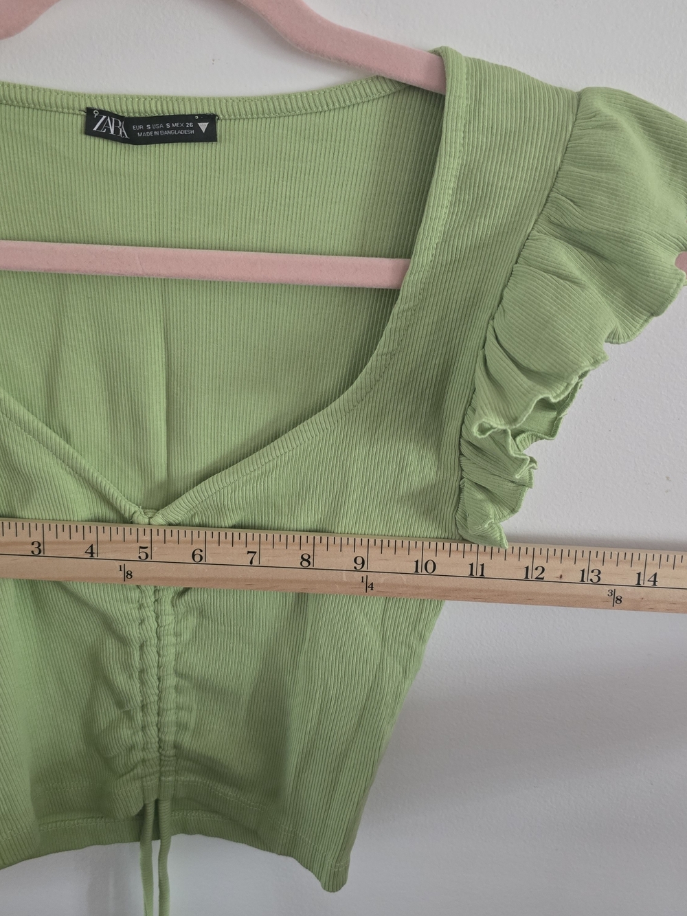 ZARA Lime Green Ribbed Ruffle Sleeve Crop Top Small S Ruched Drawstring V-Neck - Picture 7 of 8